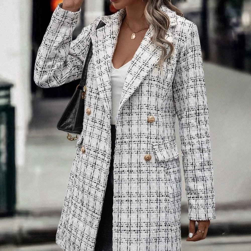 White Preppy Womens Plaid Pattern Double Breasted Tweed Overcoat - Picture 4 of 5
